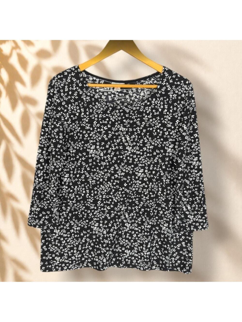 Croft & Barrow Blouse Women L Large Black Floral 3/4 Sleeve Round Neck Casual